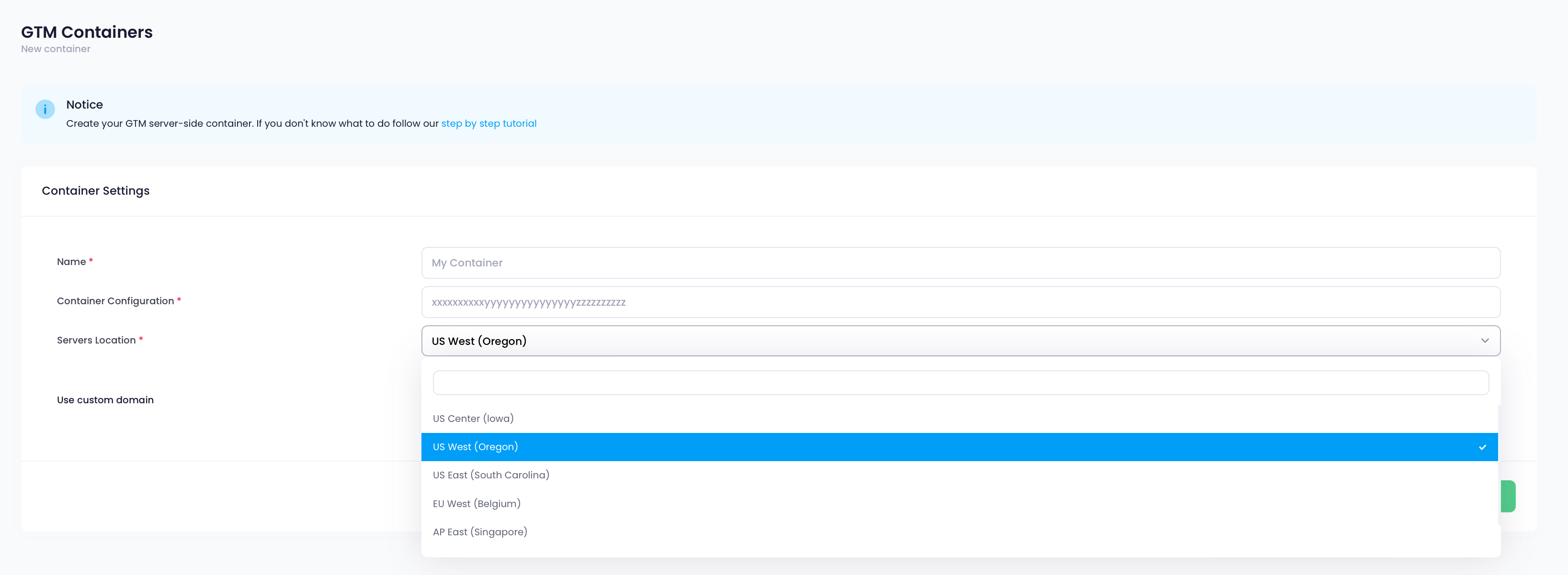 Select hosting region for server GTM container – Stape