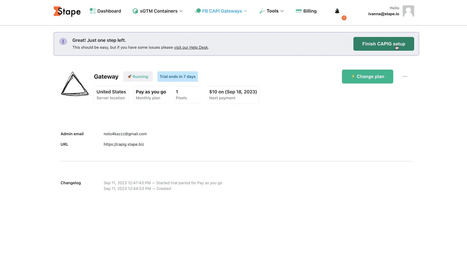 finish registration of conversions api gateway in stape