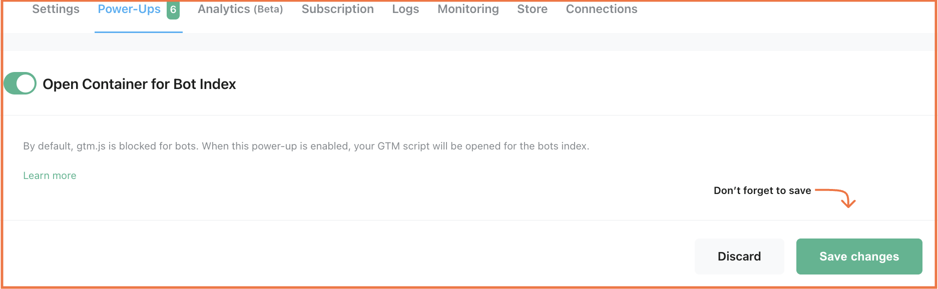 Open Container for Bot Index - Stape power-up