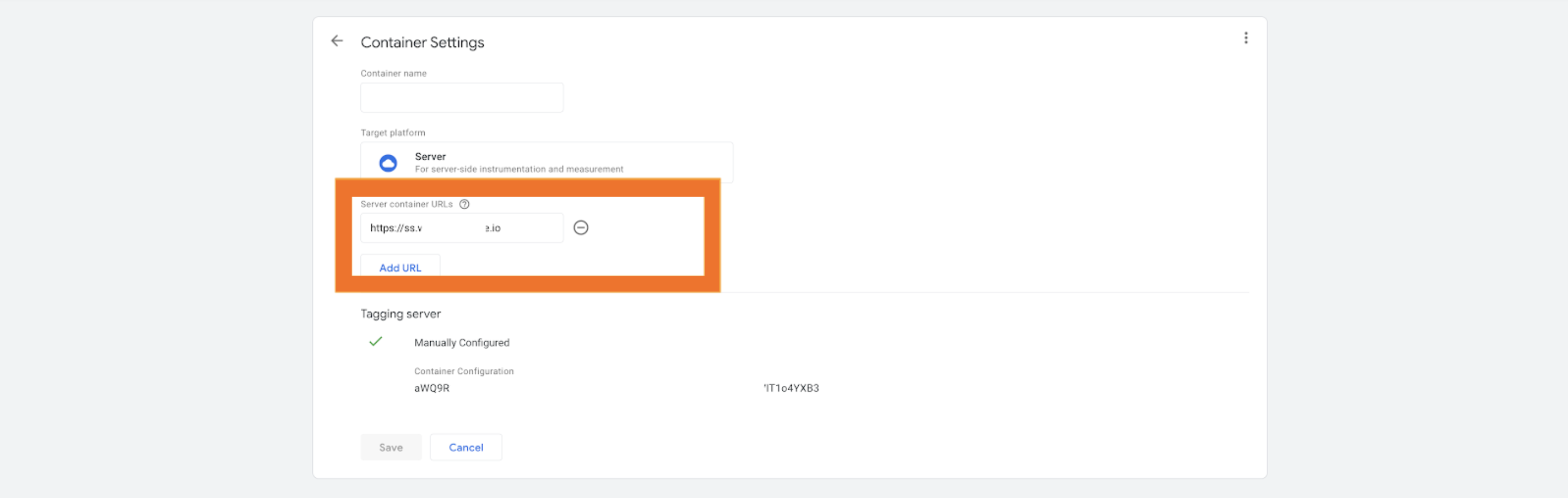 Add URL under Server container URLs