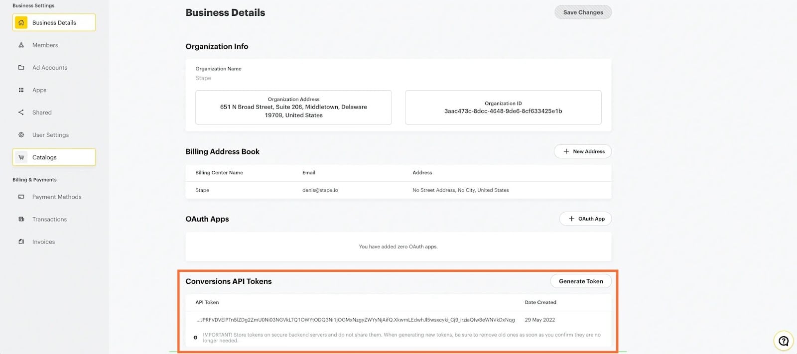 Conversions API Tokens section