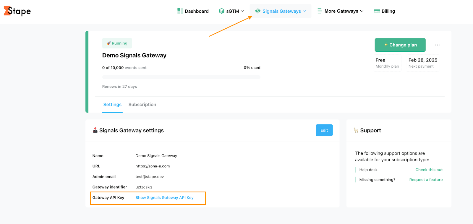 Show Signals Gateway API Key