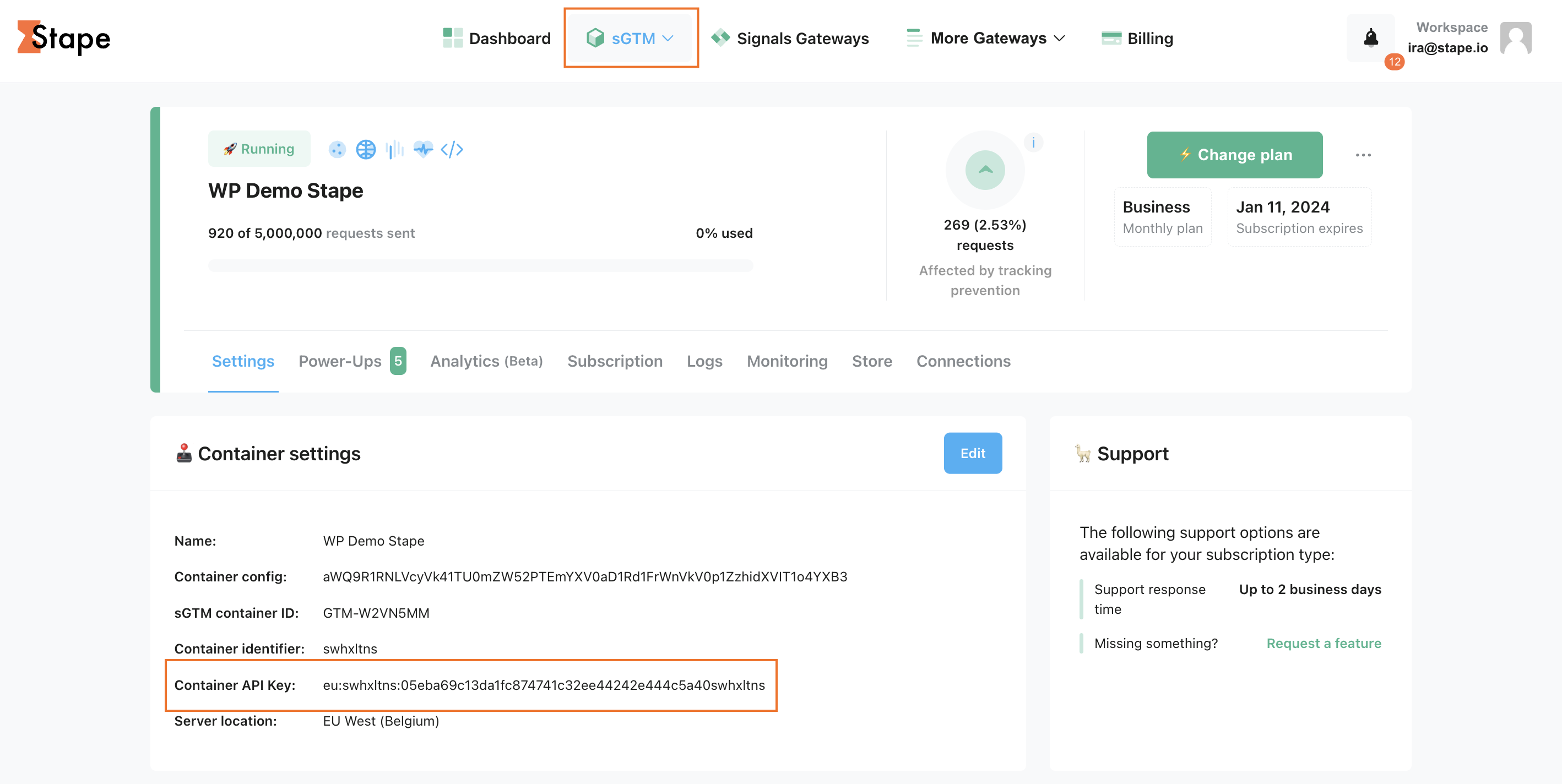 Container API Key in the Container settings section