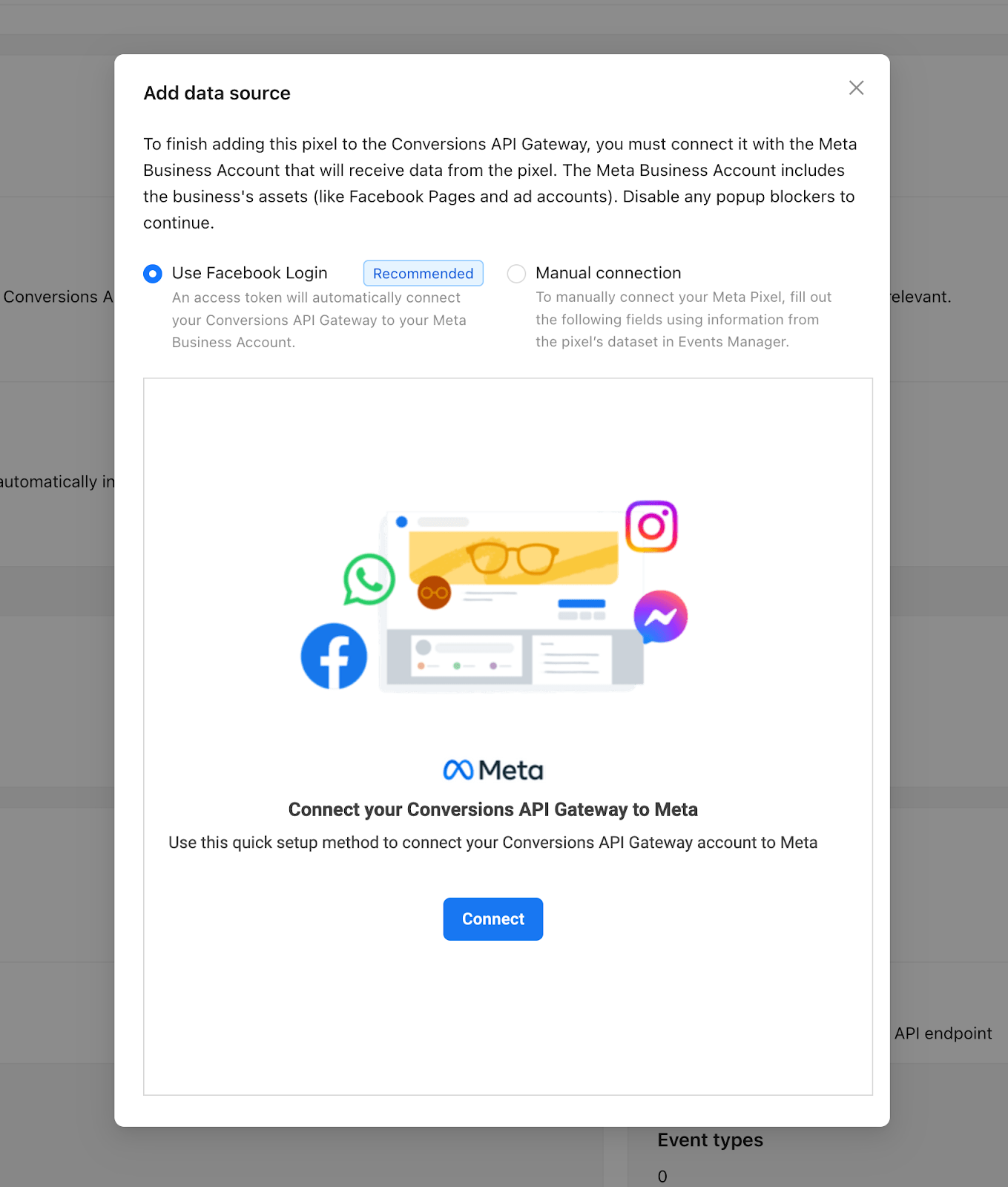 Opção de conexão via login com Facebook