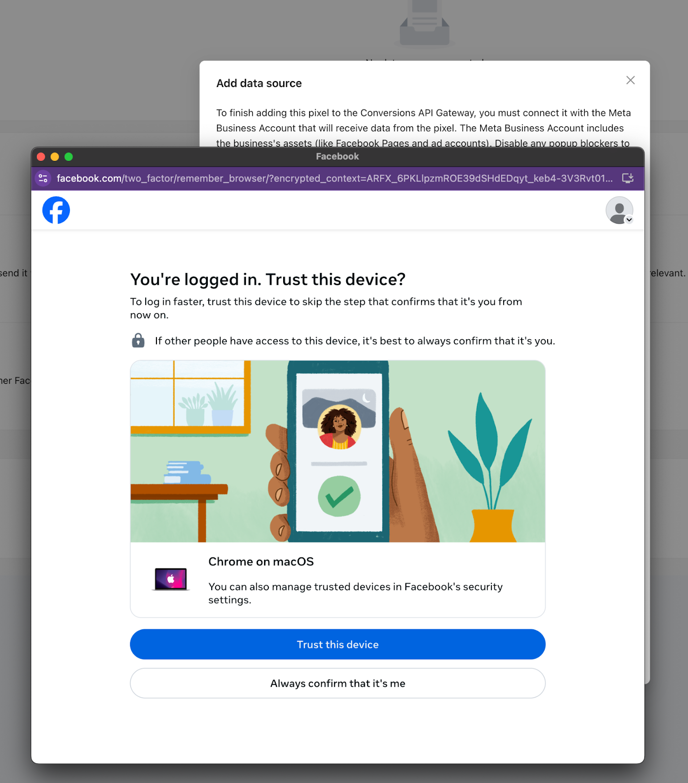 Tela Trust this device durante autenticação no Facebook