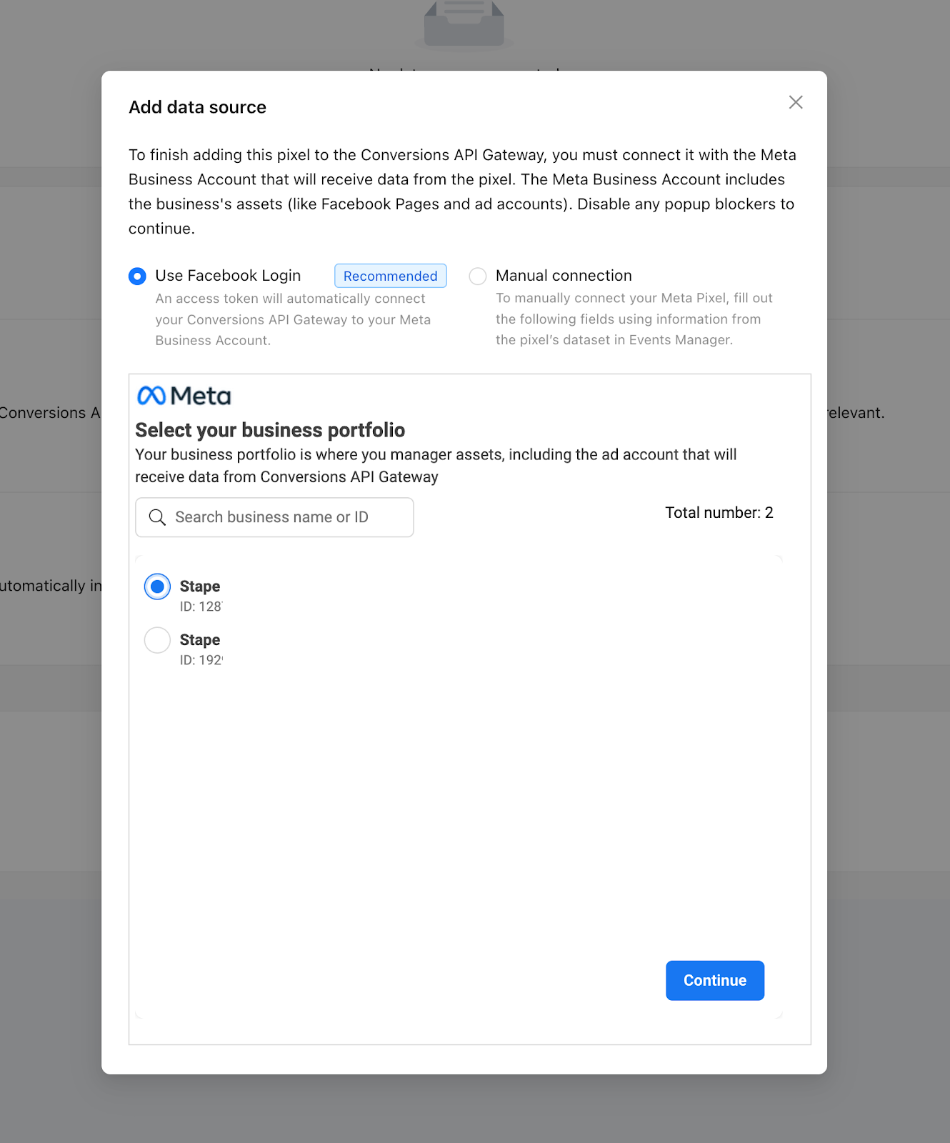 Seleção da conta de negócios do Facebook