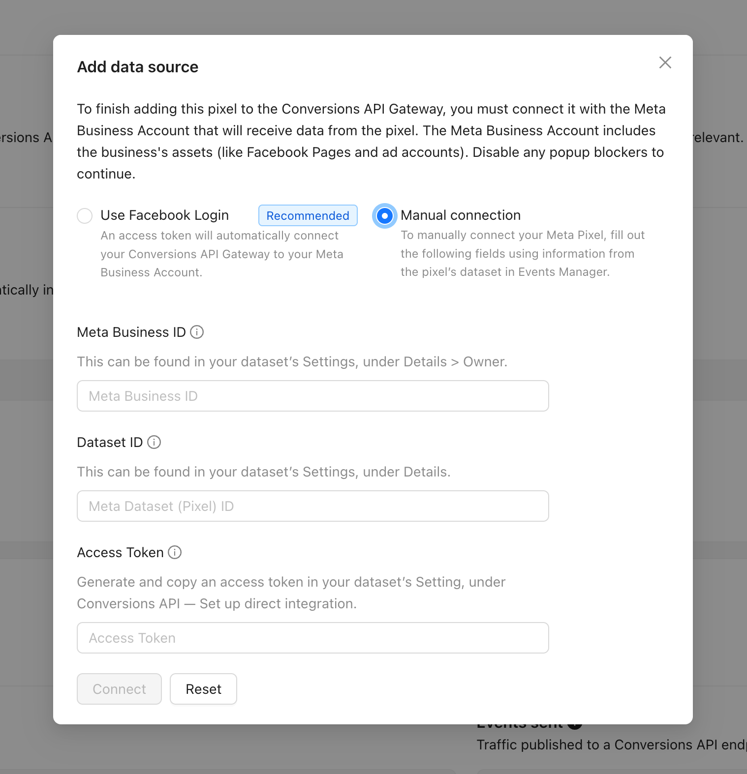 Formulário de conexão manual com ID do pixel e token de acesso