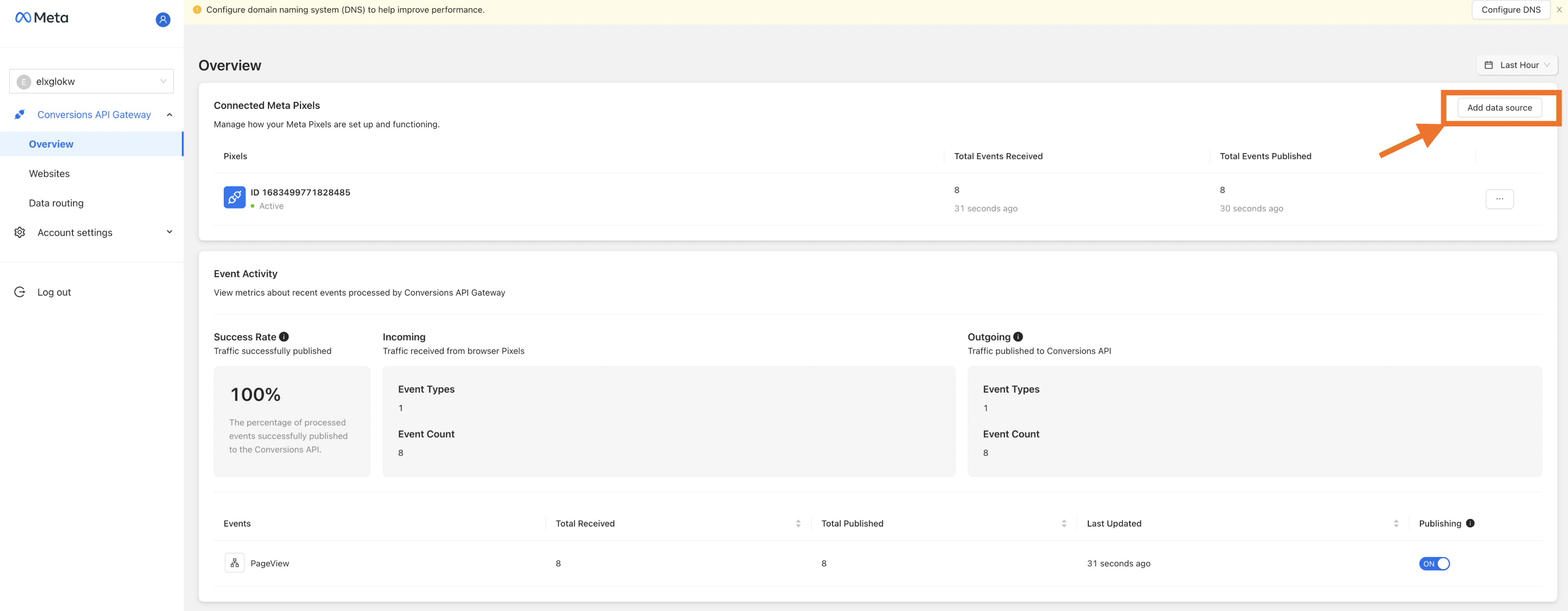 Botão Add Data Source para iniciar a conexão do pixel