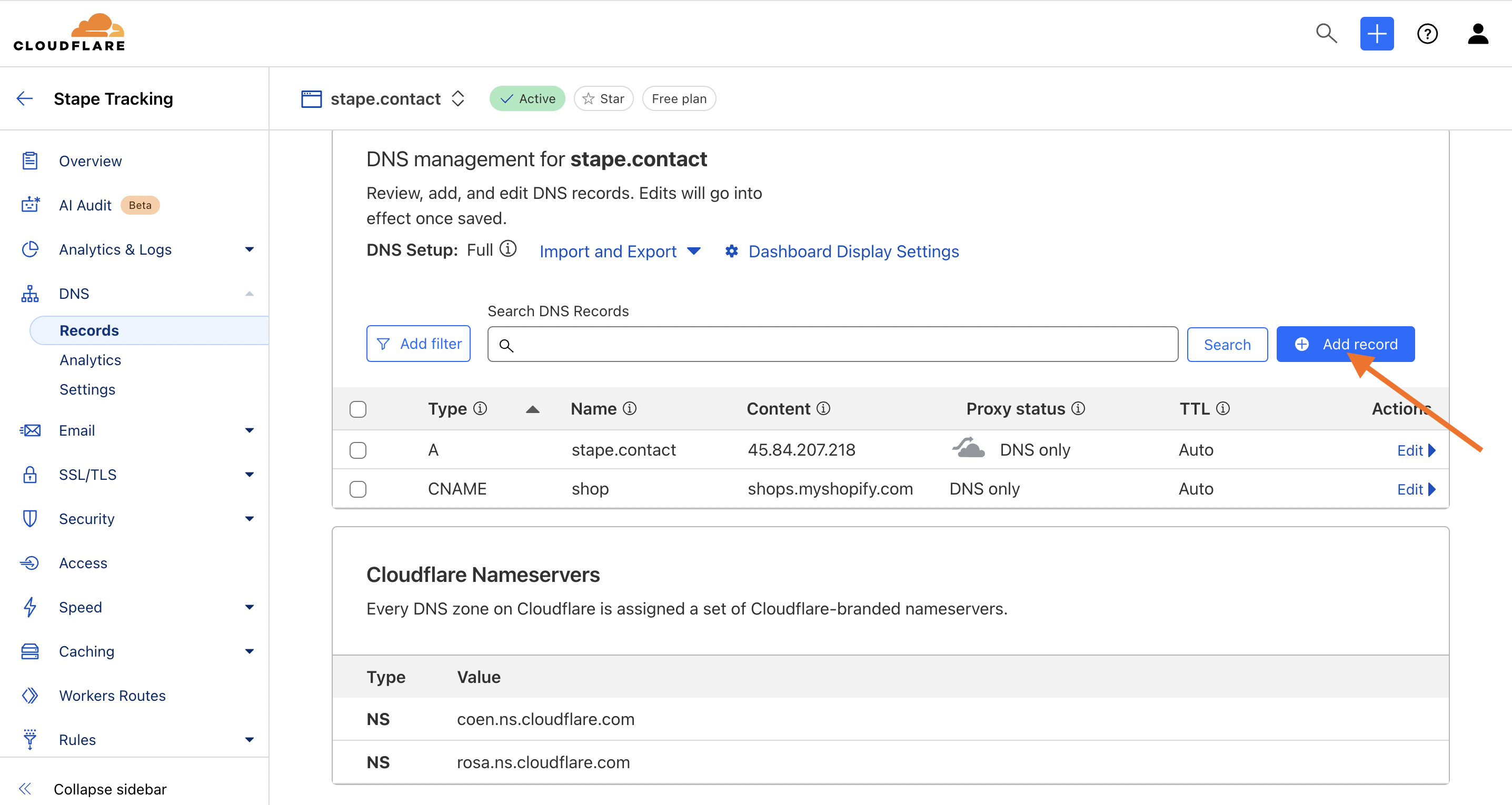 Botão Add record no Cloudflare para criar o CNAME