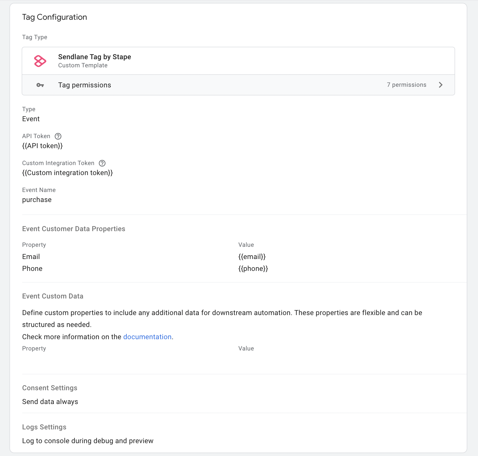 Example of tag configuration