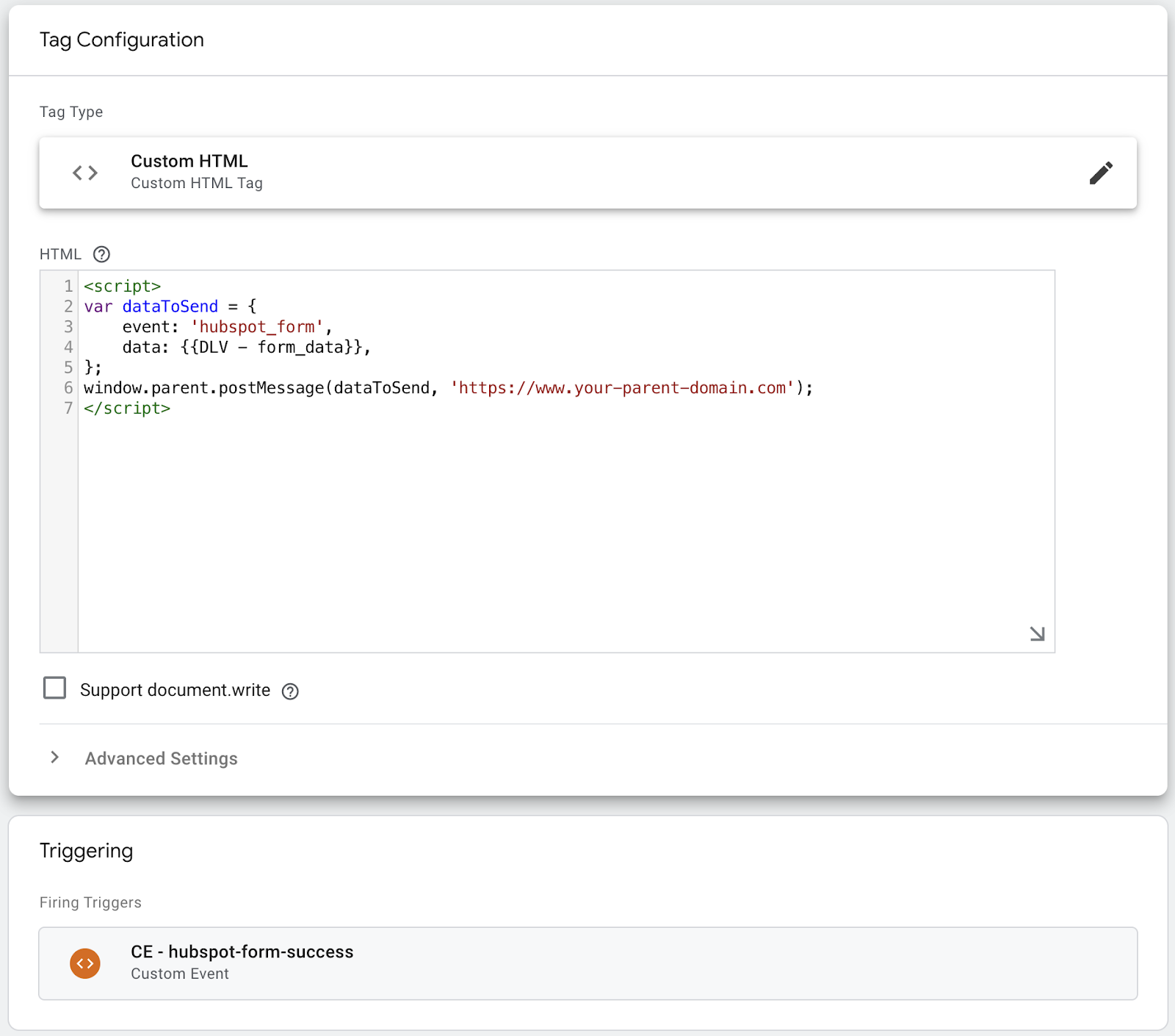 Custom HTML tag script - data to send