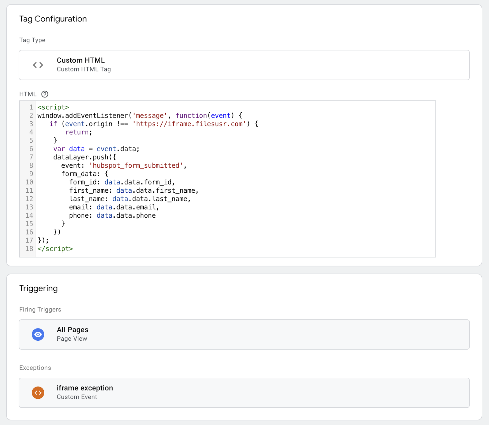 Custom HTML tag script - data to send