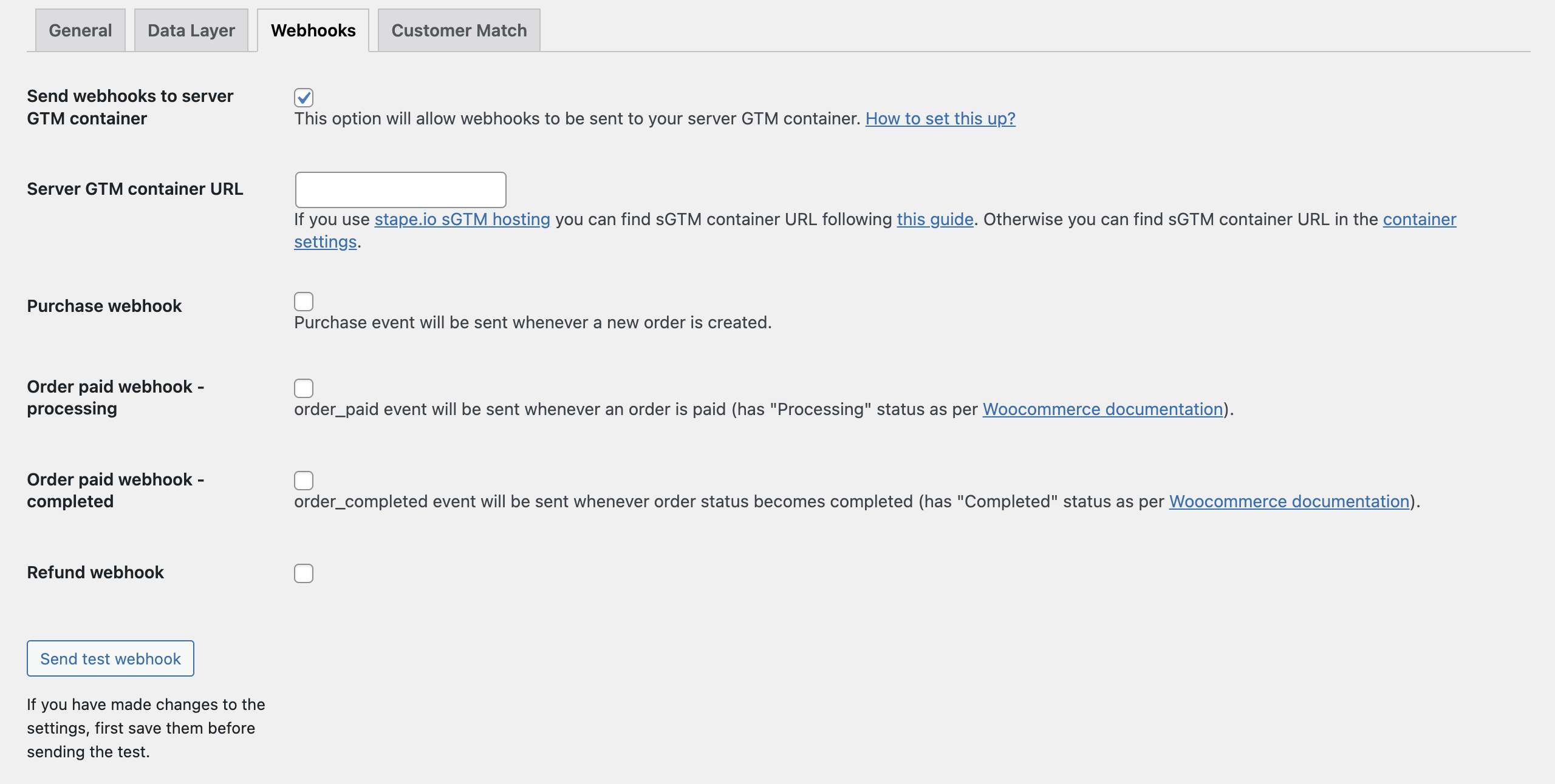 Sends Purchase and Refund webhook to the server GTM container.