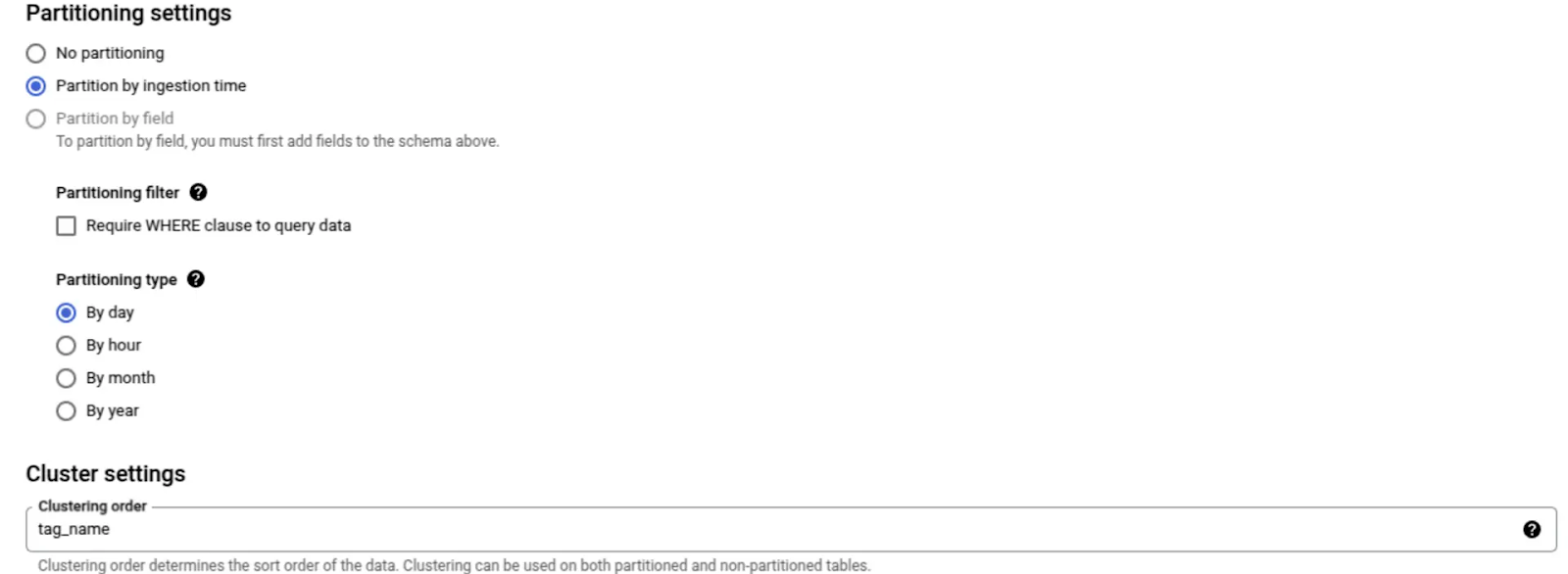 Partitioning settings