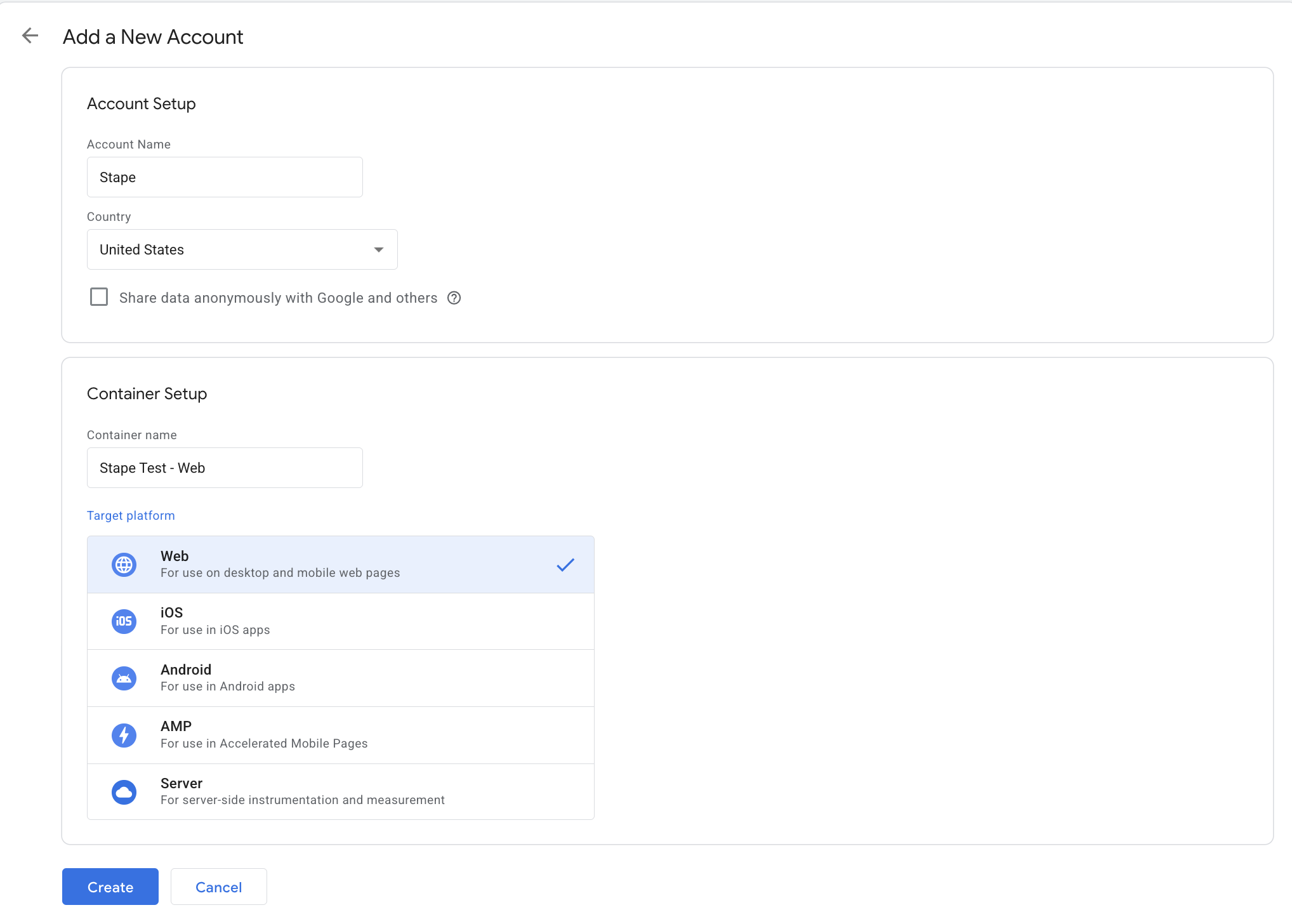 Create web GTM container