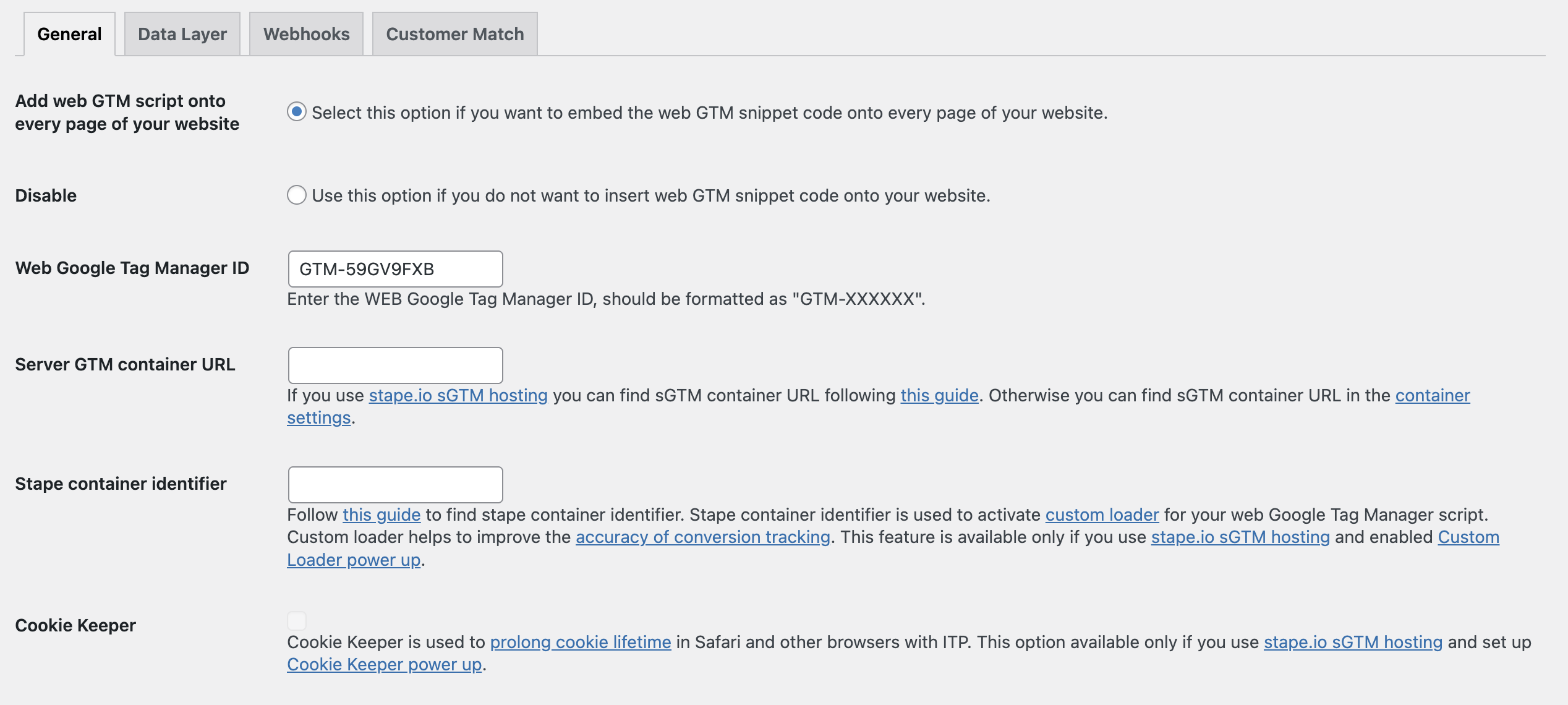 WordPress plugin configuration