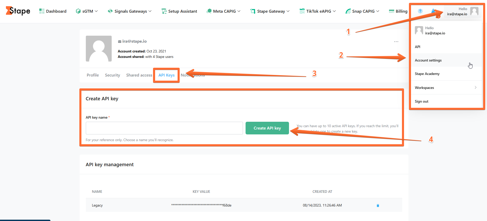 API key in Stape account