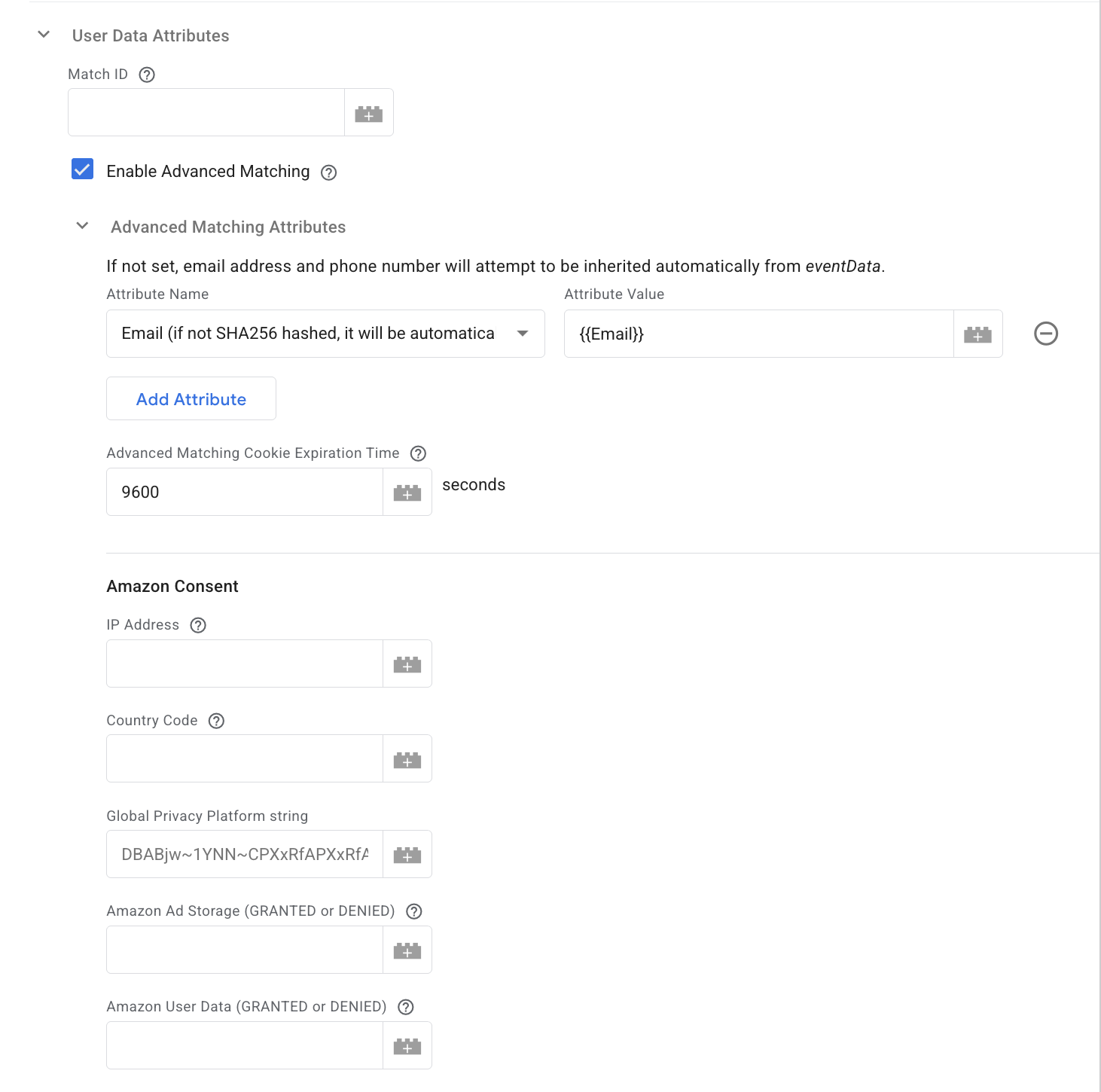 User Data Attributes section