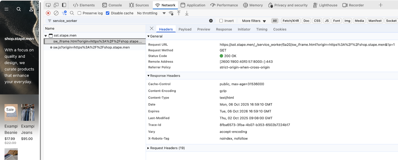 Service Worker from sGTM first-party domain in DevTools Network tab