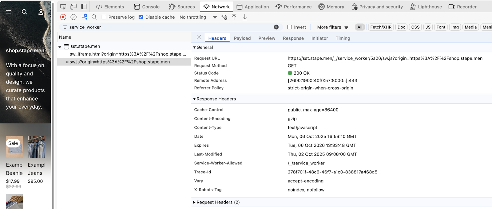 Service Worker from sGTM first-party domain in DevTools Network tab