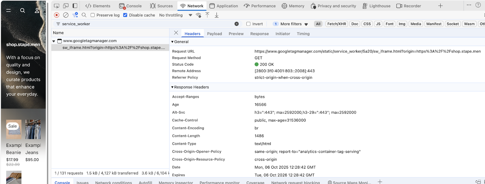 Service Worker from googletagmanager.com domain in DevTools Network tab