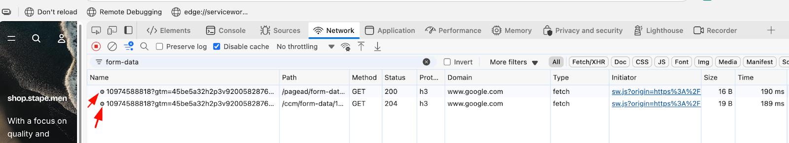 Gear icons in DevTools Network tab