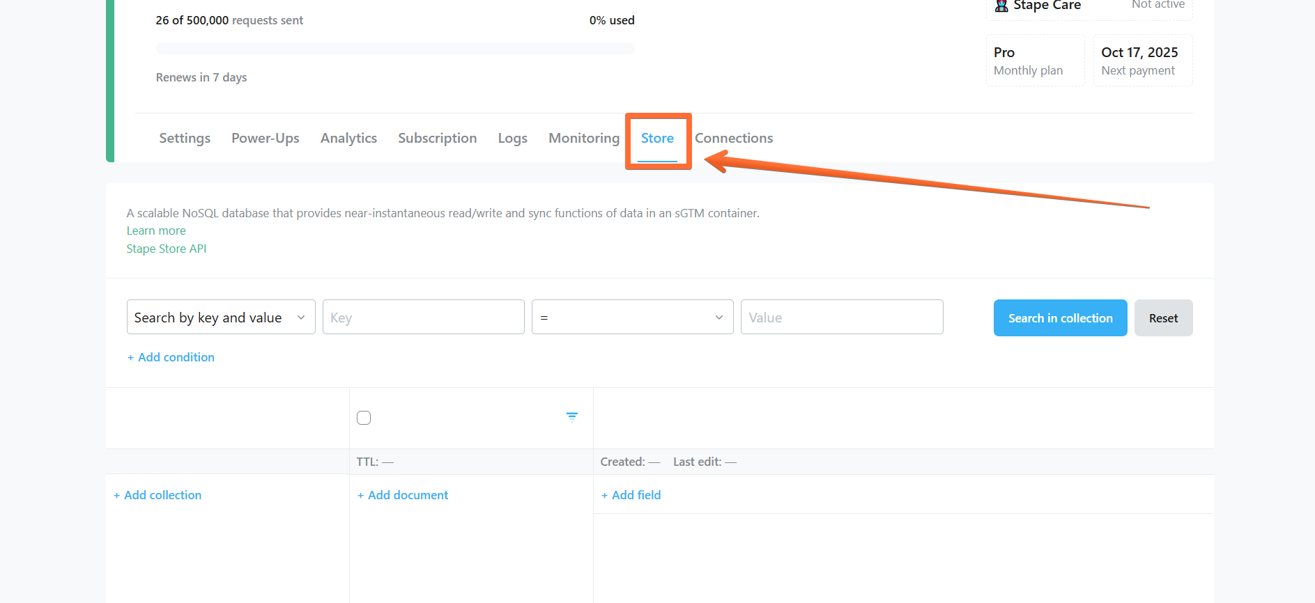 "Store" tab in Stape account