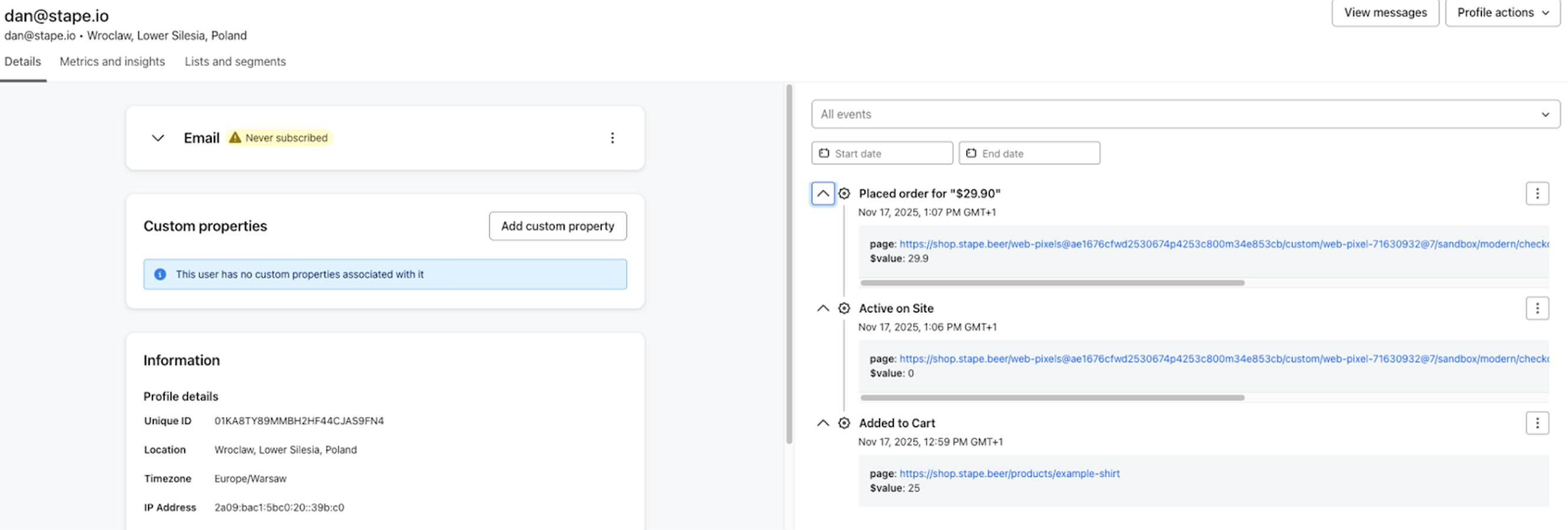 Profile containing the user's email with anonymous events recorded in Klaviyo