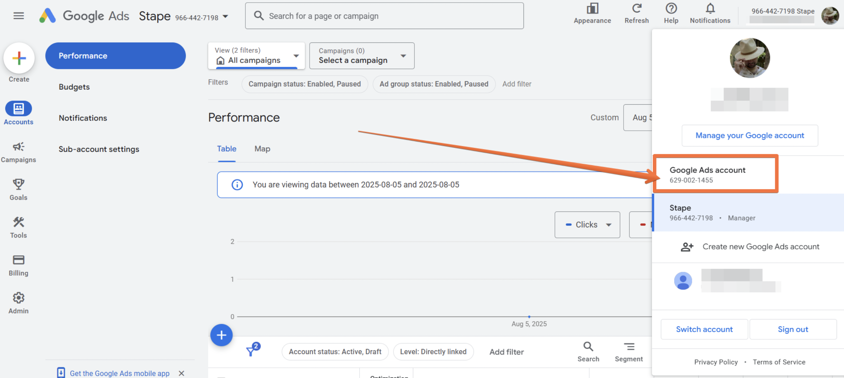 Operating customer ID in Google Ads