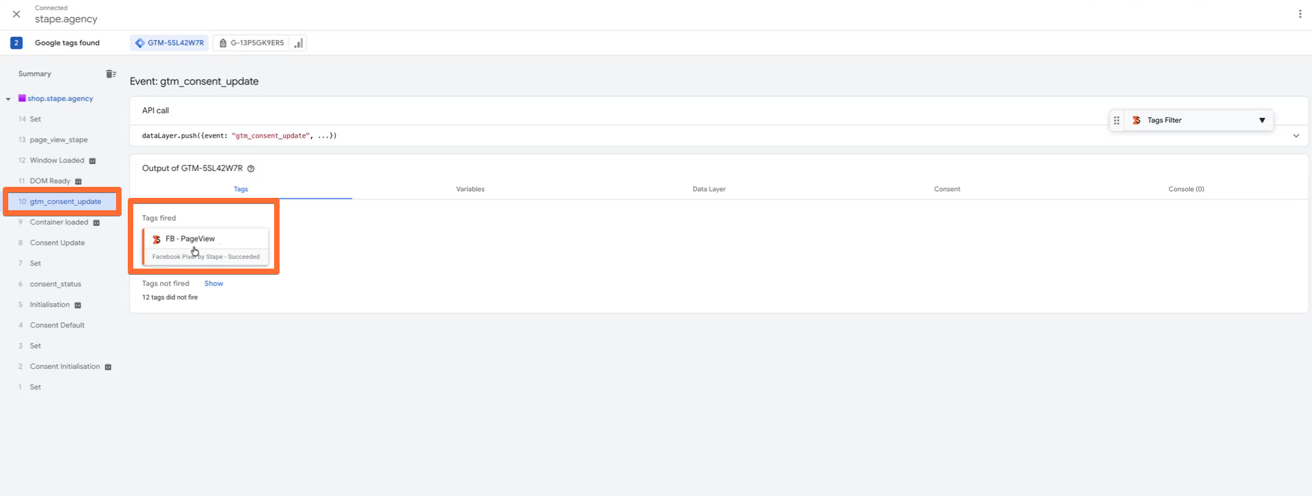 GTM Preview Mode confirmando disparo da tag após evento de consentimento