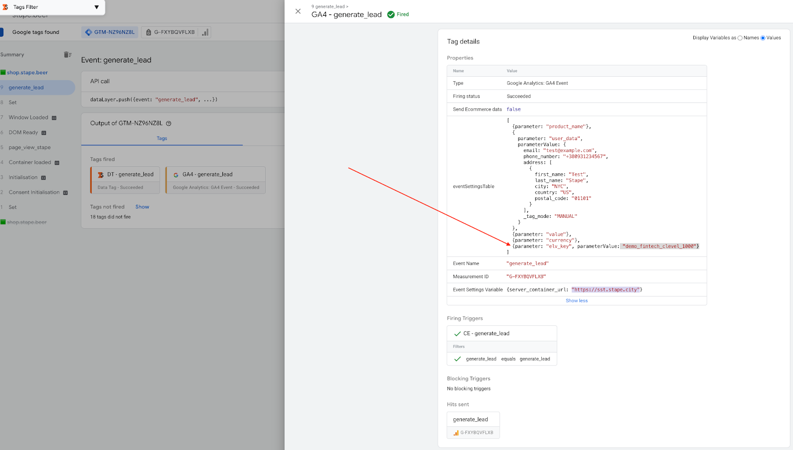 Stape Logs confirmando envio do CLTV nas conversões para Google Ads