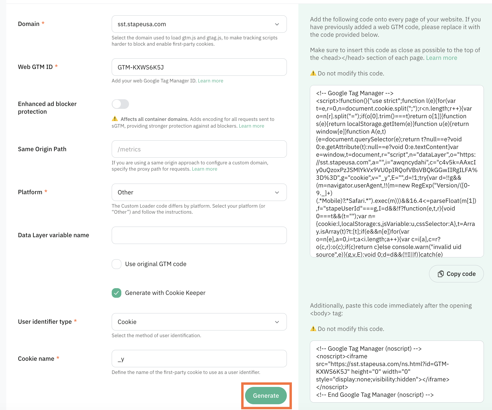 Select your platform and click Generate