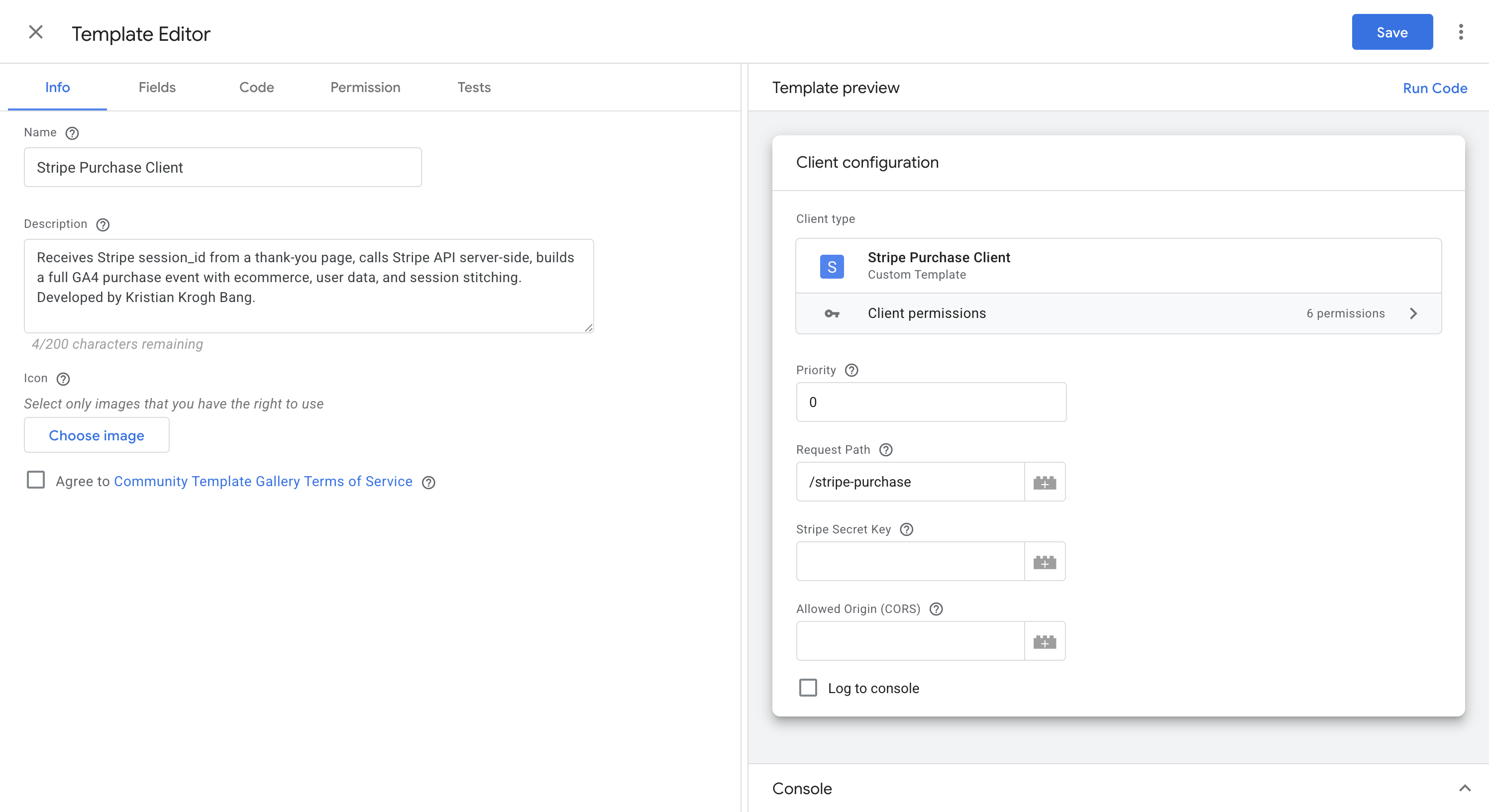 Importação e configuração do template Stripe no container sGTM