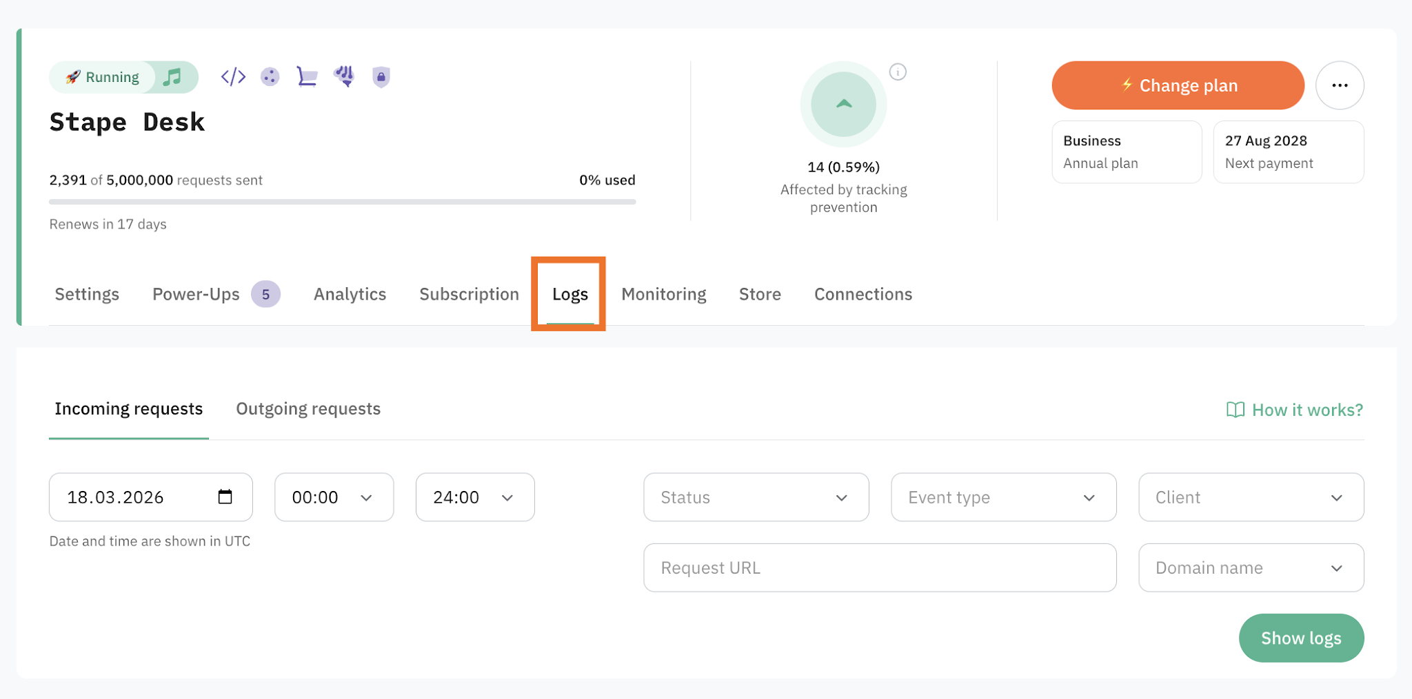 Stape Logs — requisições outgoing para o Meta