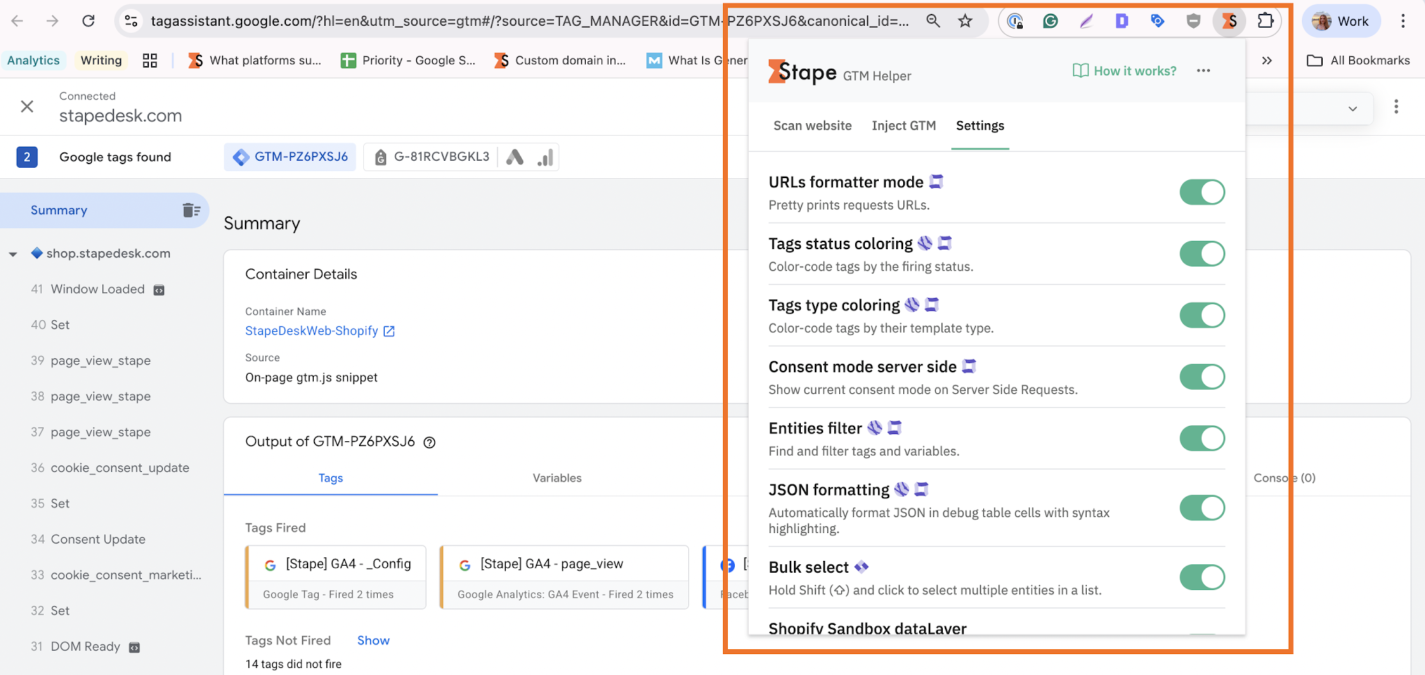 Configurações da extensão Stape