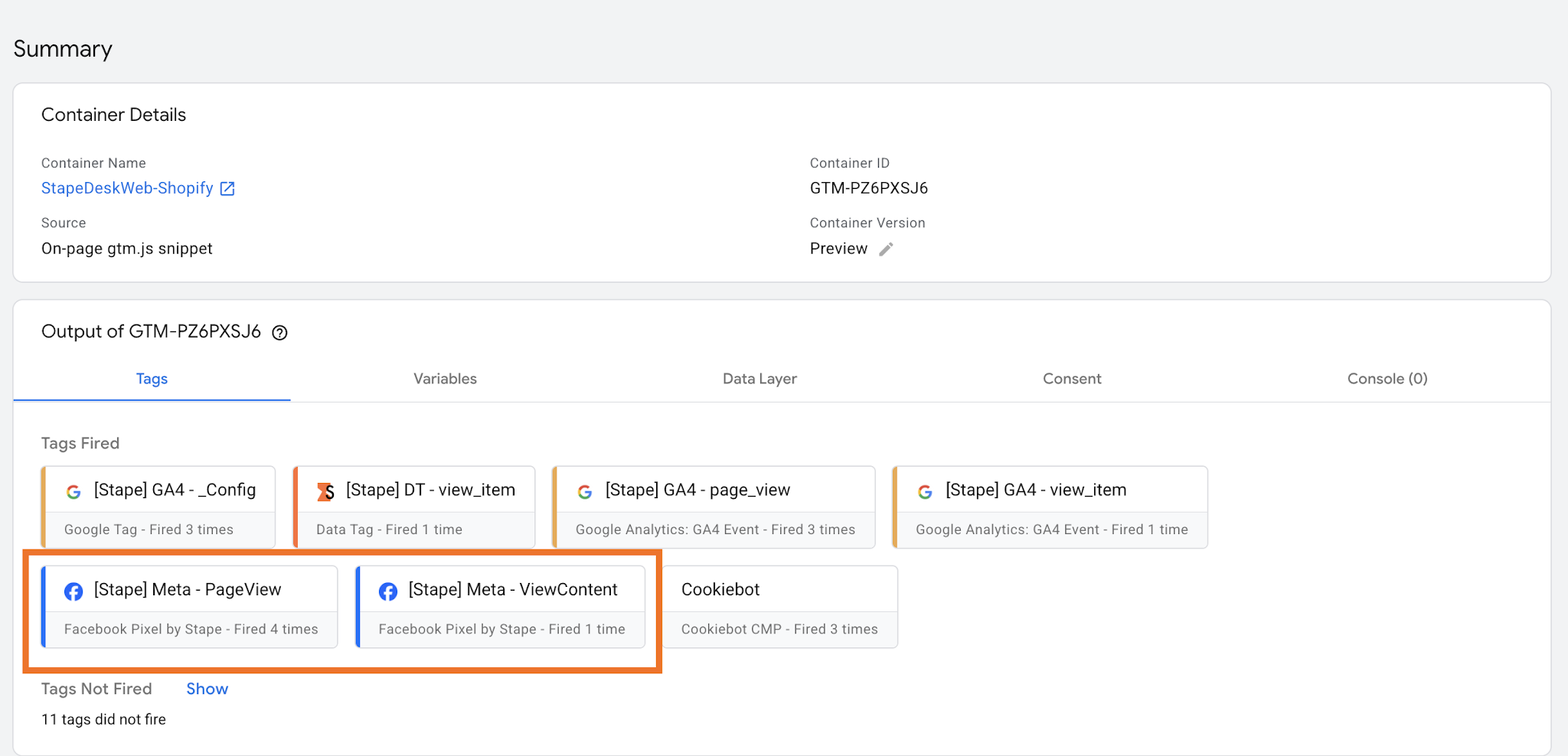 Tags Meta no container web GTM