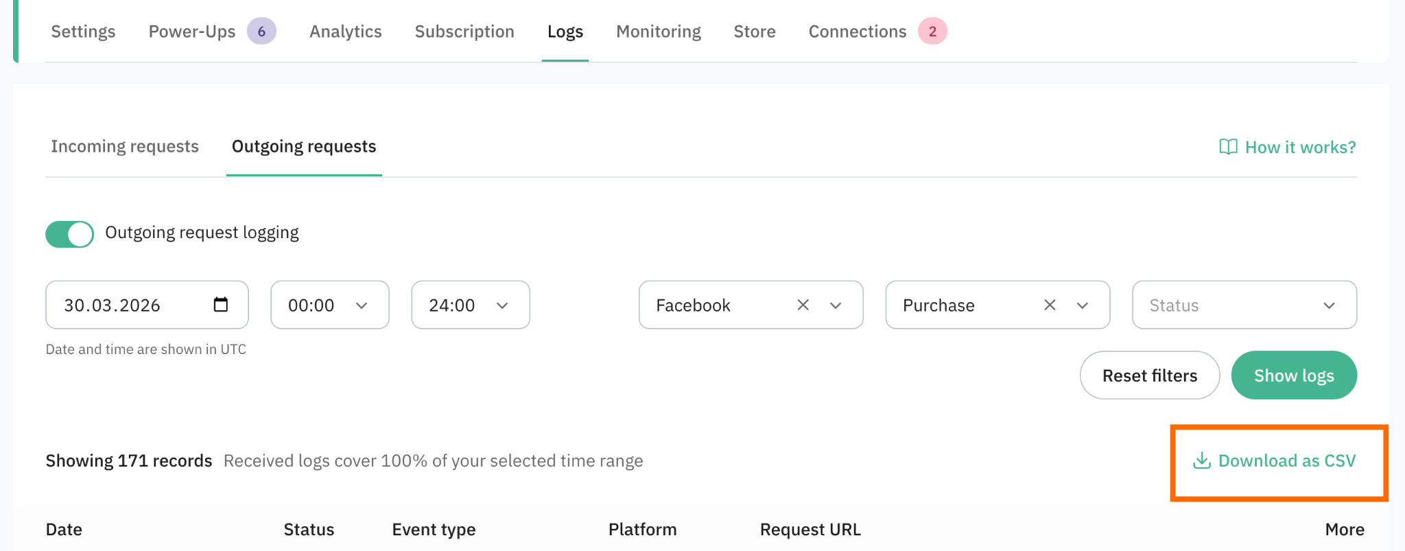 Download as CSV no Stape Logs