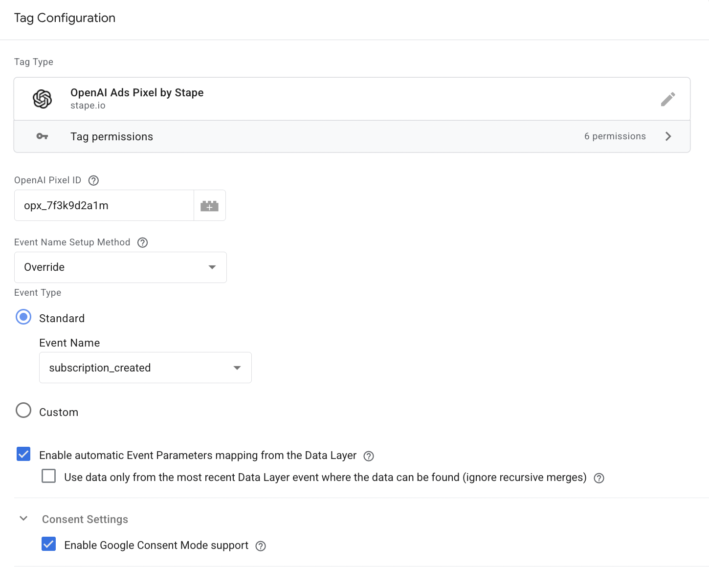 Configuração da tag do pixel OpenAI no container web GTM