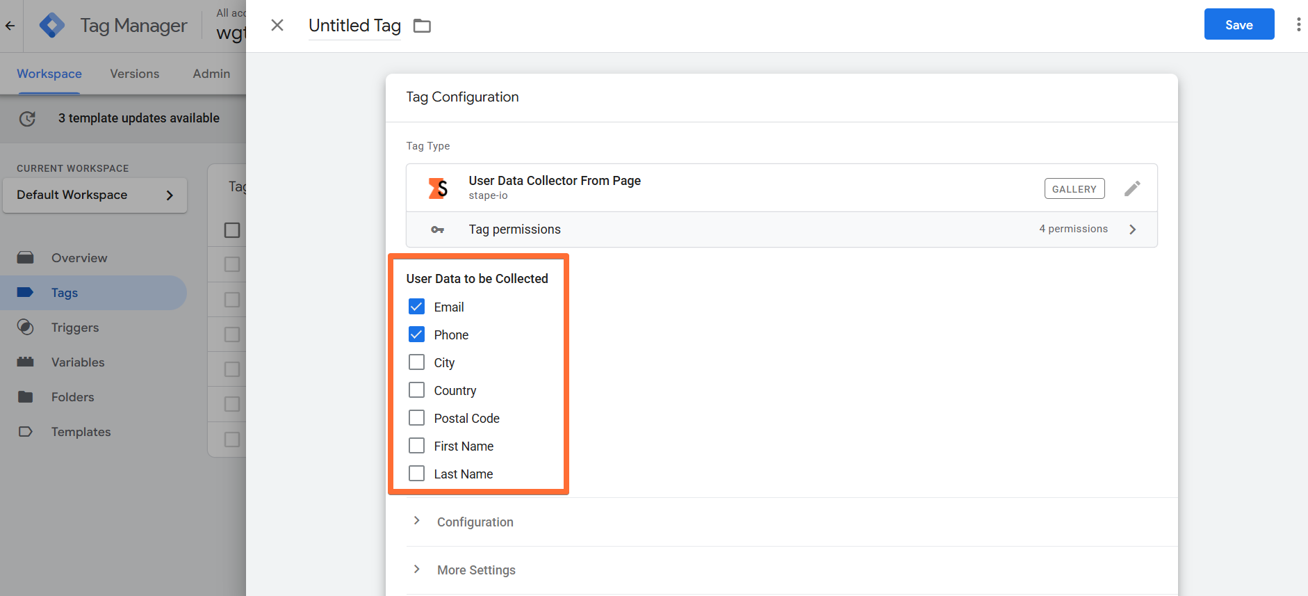 User Data to be Collected options