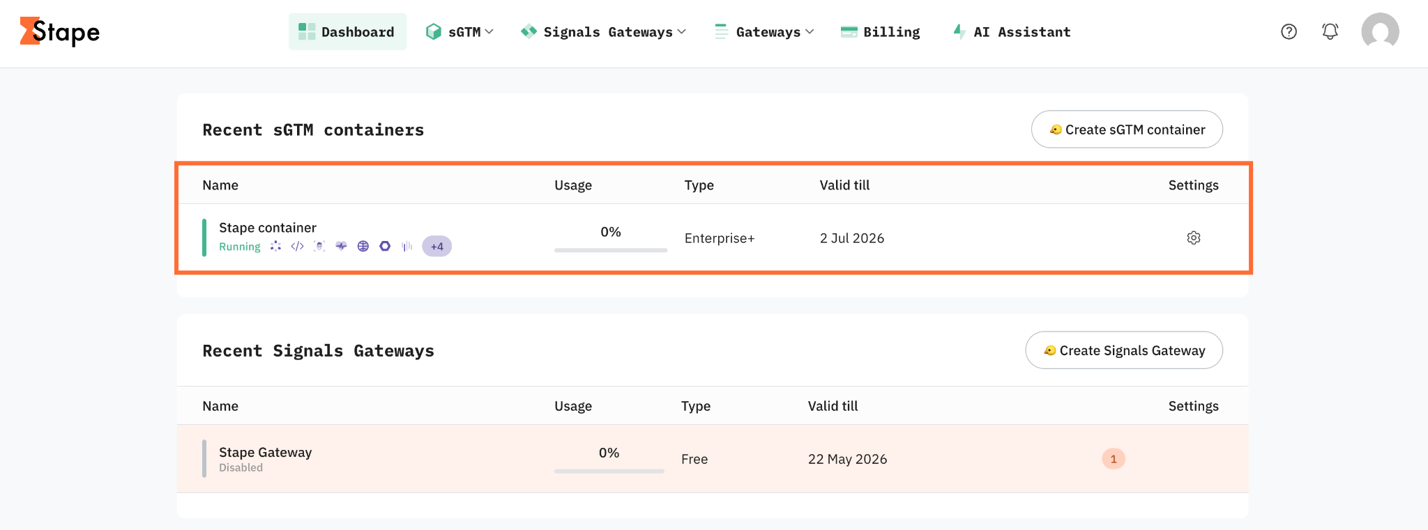 sGTM container in the Stape dashboard
